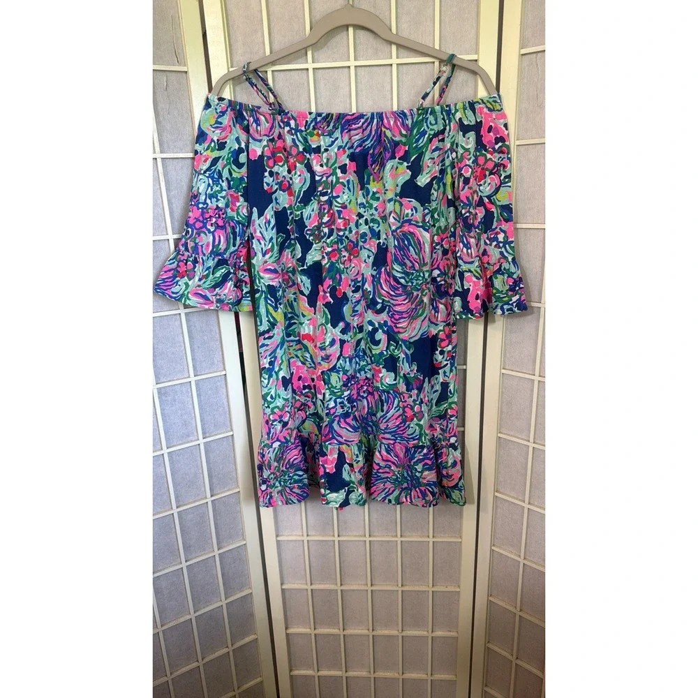 Lilly Pulitzer Mini Stretch Off Shoulder Indigo Exotic Escapade Dress Girls XL